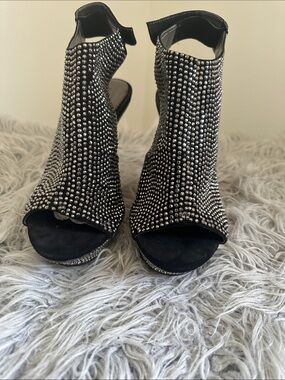 Embellished Black Open-Toe Women's Heeled Booties